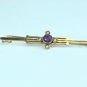 JR9940 Early 20th century 14K yellow gold Amethyst split pearl brooch pin 3.4g